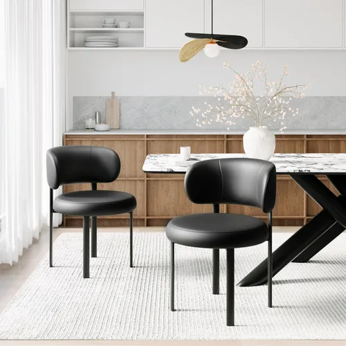 Miniatura 12 de Juego de 2 sillas de comedor beige de cuero con patas de metal, soporte de resorte y respaldo curvado, silla redonda de comedor de cocina