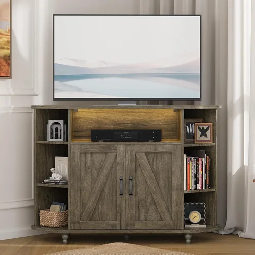Miniatura 9 de 4 EVER WINNER Soporte de TV esquinero, gabinete de TV esquinero estilo granja con luces LED para TV de 50 pulgadas, estantes ajustables, soporte
