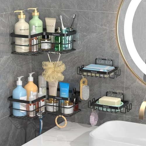 Miniatura 4 de Organizador de ducha esquinero, paquete de 4 estantes adhesivos para ducha con soporte para jabón, sin perforaciones, organizador de ducha de baño a