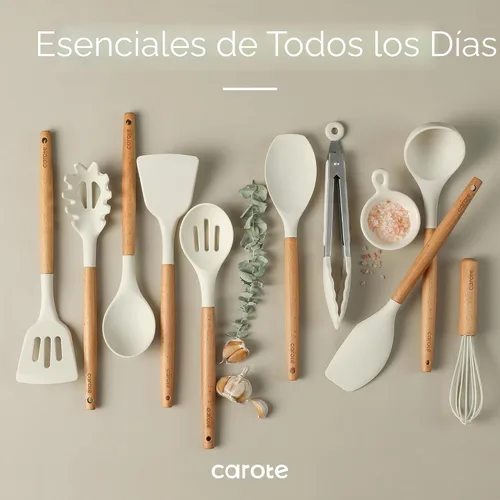Miniatura 7 de CAROTE Juego de utensilios de cocina de silicona, juego de 10 utensilios de cocina para cocinar, juego de espátulas sin BPA con asas de madera