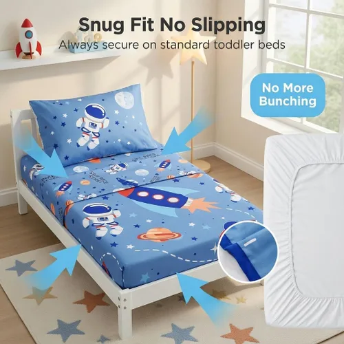 Miniatura 4 de EVERYDAY KIDS Juego de ropa de cama de 4 piezas para niños pequeños – Aventuras del espacio exterior – Incluye edredón, sábana encimera, sábana