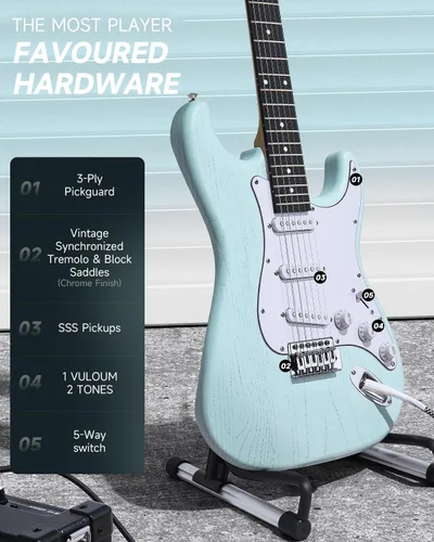 Miniatura 2 de DONNER DST-80 - Juego de guitarra eléctrica para principiantes de 39 pulgadas con amplificador, pastilla clásica SSS completa con estuche, afinador