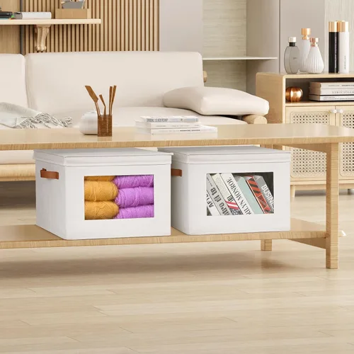 Miniatura 6 de Univivi Cajas de almacenamiento plegables de tela con tapas para ropa, [paquete de 3] cajas organizadoras de armario con asas para el hogar, Beige