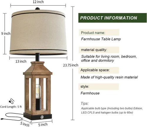 Miniatura 7 de G-SAFAVA Lámparas de mesa de granja de 23.75 pulgadas, puertos de carga USB A+C, lámpara de control táctil regulable de 3 vías, luz nocturna