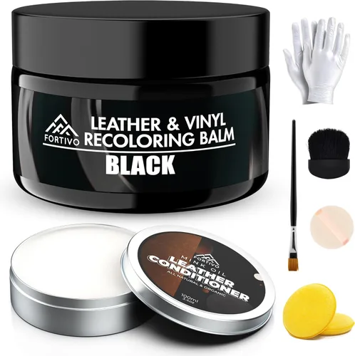 FORTIVO Bálsamo de cuero con aceite de visón, kit de reparación de sofá, tinte para cuero y restaurador para muebles, color negro