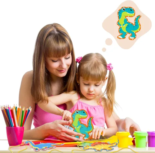 Miniatura 6 de Pajean Juego de 10 tarjetas con cordones para niños, tarjetas de costura de animales de doble cara, 10 estilos, manualidades de juguete para niños a
