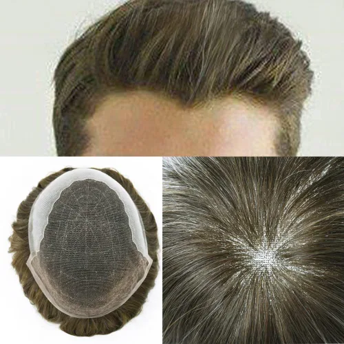 Miniatura 52 de Tupé para hombres 100% europeos unidades de cabello humano francés sistema de cabello de encaje con nudos blanqueados, línea capilar natural para #5