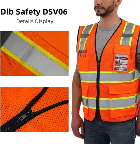Miniatura 4 de Dib Safety - Chaleco reflectante de malla de alta visibilidad de dos tonos con bolsillos y cremallera, conforme a la clase 2 ANSI, malla naranja