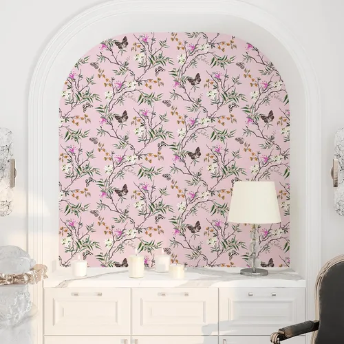 Miniatura 6 de VEELIKE Papel tapiz de estilo chinoiserie rosa con diseño de mariposas para dormitorio, habitación de niñas, 17.7 x 118 pulgadas, papel de contacto