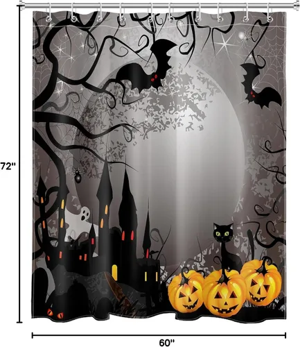 Miniatura 6 de EOBTAIN Cortina de ducha de calabaza espeluznante de Halloween, fantasma y gato murciélago con casa embrujada en noche oscura aterradora, cortina