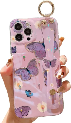 Miniatura 7 de Funda para iPhone 14 Pro Max con correa para la muñeca, función atril con purpurina de dibujos animados IMD de silicona TPU a prueba de golpes