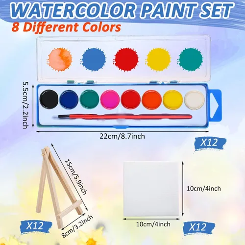 Miniatura 2 de Outus Juego de 12 mini kit de pintura en lienzo, juego de pintura de acuarela de 4 x 4 pulgadas con caballete de 8 colores lavables, pinceles