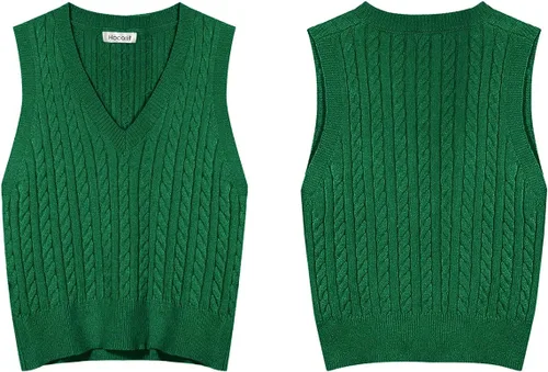 Miniatura 5 de HOCOSIT Chaleco de punto con cuello en V para mujer, estilo preppy a cuadros, sin mangas, suéter corto