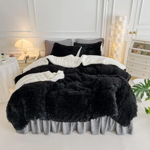 Miniatura 2 de UOZZI BEDDING - Juego de edredón de pelo sintético negro, tamaño Queen, 3 piezas, 1 edredón afelpado negro de 90x90 y 2 fundas de almohada, ultra