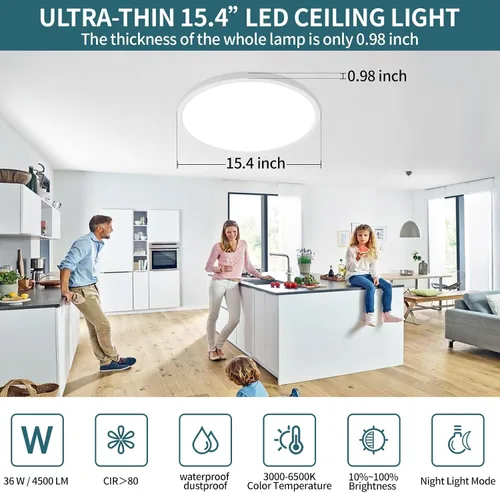 Miniatura 2 de Modernas lámparas LED de techo regulables con control remoto, montaje empotrado ultrafino de 15.4 pulgadas con luz nocturna, 36 W, 4500 LM