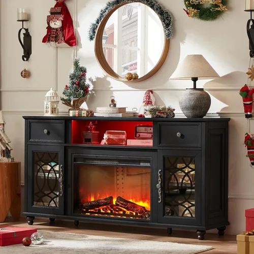Miniatura 2 de Joaxswe - Soporte de TV estilo rústico con chimenea, centro de entretenimiento de 59 pulgadas con chimenea eléctrica y luces LED para televisores