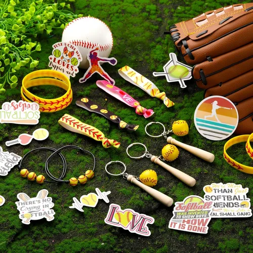 Miniatura 4 de Janinka Juego de 110 piezas de regalos de fiesta de sóftbol para niñas, calcomanías, llaveros, pulseras ajustables, lazos para el cabello, regalos
