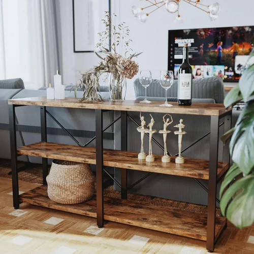 Miniatura 4 de IRONCK Mesa Consola Rústica de Entrada, Mesa Larga de Pasillo de 55 Pulgadas de 3 Niveles, Soporte de TV Centro de Entretenimiento Soporte