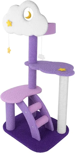 Lucky Monet Torre de árbol para gatos de 43 pulgadas para gatos de interior, 3 capas de color morado, lindo árbol de gato morado y rosa, condominio