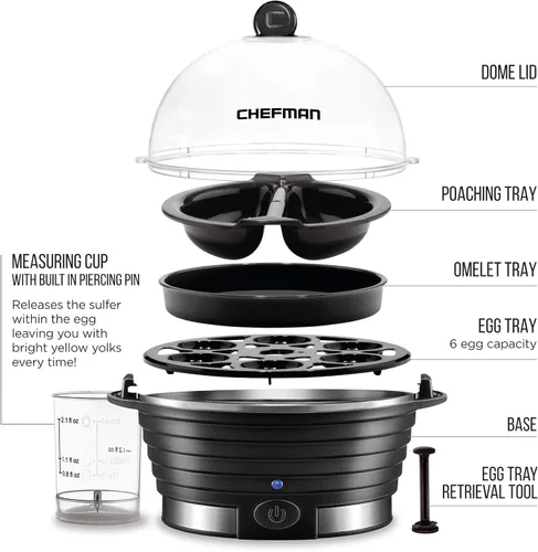 Miniatura 6 de Chefman Egg-Maker Escalfador Rápido, Vaporera de Alimentos y Verduras, Hace Rápidamente Hasta 6, Duros, Medianos o Suaves Hervidos, Bandeja