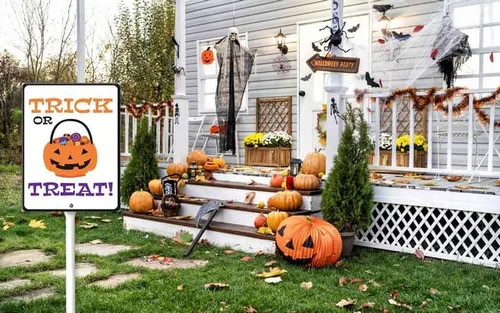 Miniatura 2 de Eveokoki Letrero de Halloween para patio, decoración de truco o trato, letreros decorativos para jardín, estacas de aluminio para exteriores