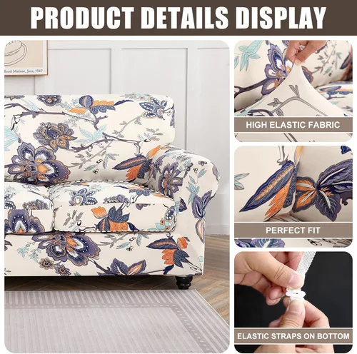 Miniatura 5 de SearchI - Funda de sofá elástica con estampado floral, 3 piezas, incluye 2 fundas de cojín independientes, protector lavable para muebles de sala