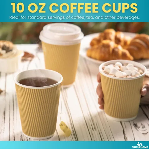 Miniatura 3 de Tazas de café desechables con tapas, tazas de papel de 10 onzas, pared ondulada aislada, paquete de 50