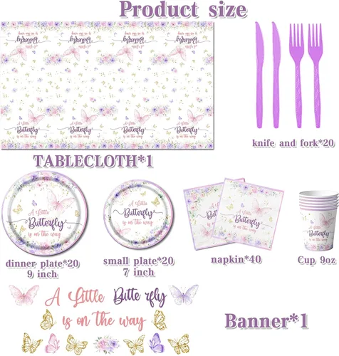 Miniatura 6 de Juego de vajilla de mariposa para baby shower, con diseño de mariposa con texto en inglés «A Little Butterfly Is On Her Way»