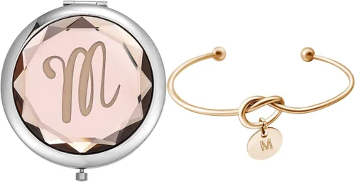 Miniatura 8 de Espejos de maquillaje compactos de bolsillo de cristal, el juego de espejos de letras incluye 1 espejo de letra, 1 pulsera de nudo de amor
