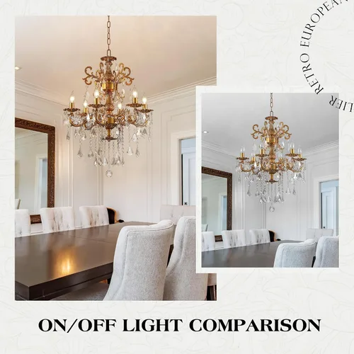 Miniatura 7 de Candelabros de cristal de bronce antiguo de lujo con lámpara colgante de vela, lámpara de techo de 6 luces de cristal dorado para comedor, sala