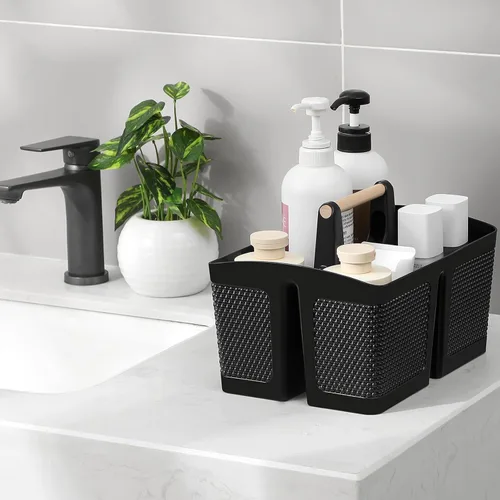 Miniatura 2 de rejomiik - Cesta portátil para ducha de plástico, organizador de limpieza con asa, organizador de almacenamiento portátil con asa para baño, Negro