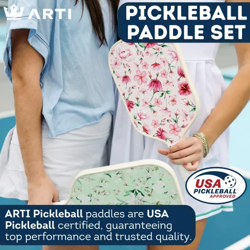 Miniatura 6 de ARTI Juego de 2 palas de pickleball aprobadas por USAPA, 2 raquetas de pickleball, 4 bolas y 1 bolsa de transporte portátil Flor Rosa Y Verde