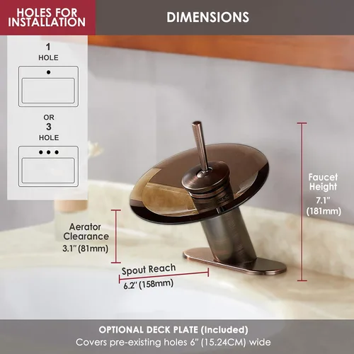 Miniatura 8 de Grifo de baño cascada de latón macizo de vidrio de una sola manija de un solo agujero lavabo lavabo grifo de baño, corto, bronce aceitado Bronce