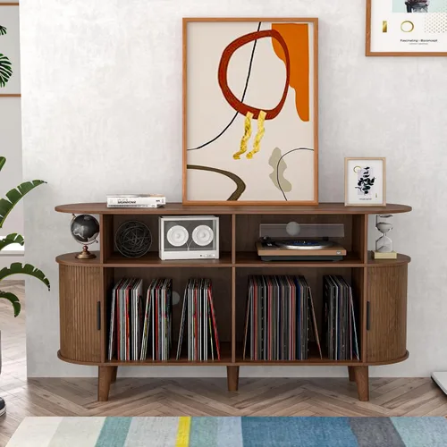 Miniatura 6 de Soporte grande para tocadiscos de nogal con estación de carga, mesa giratoria de mediados de siglo, armario de almacenamiento para tocadiscos de Nuez