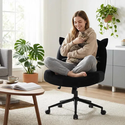 Miniatura 2 de IWMH Silla de escritorio de oficina sin brazos con ruedas, silla de computadora ergonómica de patas cruzadas con acolchado de tela, sillas de Negro