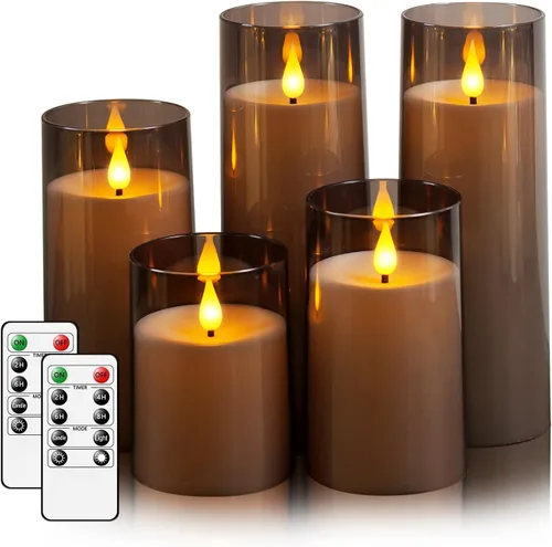 Fo32won juego de 5 velas LED sin llama de pilar gris, que funcionan con pilas, con control remoto y temporizador, velas decorativas acrílicas