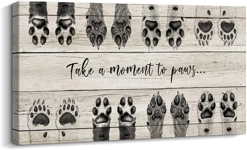 Miniatura 10 de ARTINME Letrero para Amantes de Perros, Letrero "Take A Moment to Paws" con Estampado de Pata de Mascota, Arte de Huellas en Lienzo, Arte de Pared