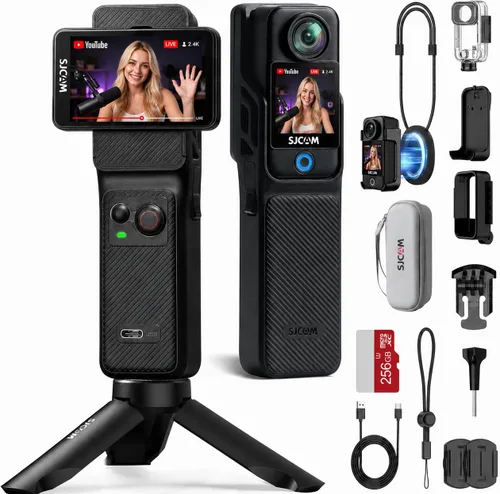 SJCAM C400 4K Travel Vlogging Cámara con tarjeta de 256 GB, cámara corporal de grabación 7H para creadores de YouTube, estabilizador de 6 ejes y