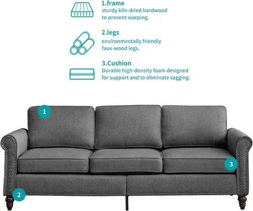 Miniatura 5 de BALUS Couches Sofa Set for Living Room, Couch Sofa with Wooden Sofa Legs, Linen Living Room Furniture with Nailhead Trim, 6" Cushion, Sectional