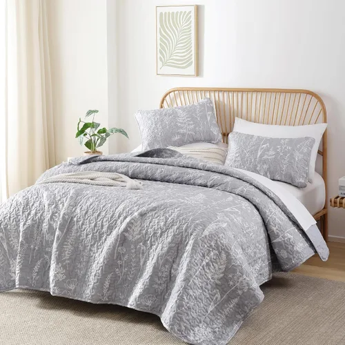 JANZAA Juego de colcha tamaño Queen de 3 piezas con patrón floral, de microfibra ligera, ropa de cama reversible, 1 colcha y 2 fundas de almohada -