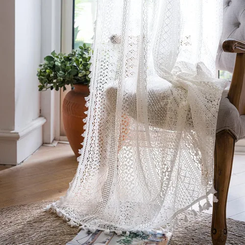 Miniatura 27 de WAZZIO Cortinas de Encaje, Cortina Boho de Crochet para Dormitorio, Cortinas de Café de Algodón, 45 Pulgadas de Largo, 2 Paneles con Bolsillo