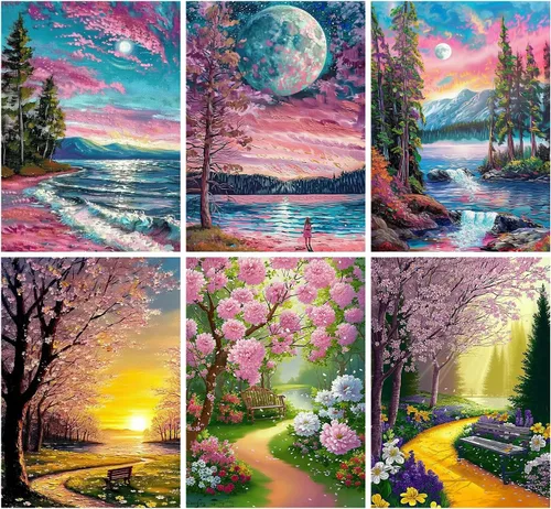 Miniatura 15 de Leatrice Paquete de 6 kits de pintura de diamantes para adultos, kits de arte de diamantes 5D, pinturas de puntos de gemas redondas, taladro