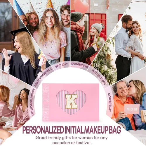 Miniatura 6 de 2 piezas de bolsas de maquillaje iniciales para mujeres: bolsa de cosméticos para viaje y artículos de tocador - Regalos de cumpleaños para niñas