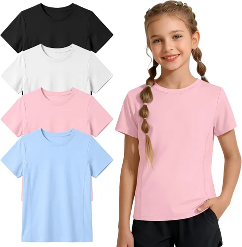 Miniatura 6 de Paquete de 4 camisetas atléticas de manga corta para niñas, de secado rápido, camisetas activas de verano con cuello redondo y ropa deportiva