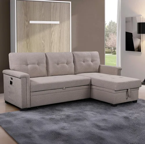 Miniatura 8 de Lilola Home - Sofá cama modular reversible de lino gris claro con diván de almacenamiento