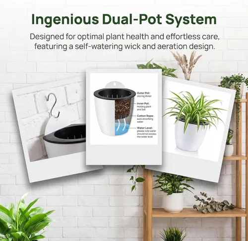 Miniatura 6 de Jucoan Paquete de 9 macetas colgantes de pared de riego automático para plantas de interior, maceta perezosa de plástico blanco de 5 pulgadas con 9