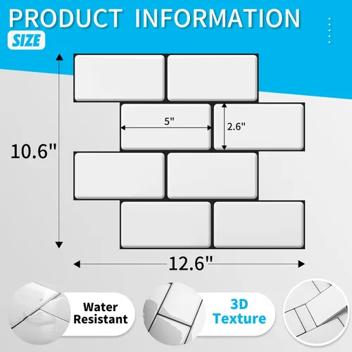 Miniatura 6 de Art3d Peel and Stick Backsplash, 10 unidades de azulejos de metro adhesivos y pegables engrosados, azulejos de cerámica sintética para cocina, baño