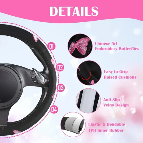 Miniatura 7 de CAR PASS Juego de fundas universales para asiento delantero de automóvil, diseño de flores bordadas, impermeables, fundas para volante, mariposa