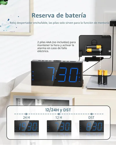 Miniatura 6 de Reloj despertador súper fuerte con agitador de cama, reloj despertador vibratorio para personas que duermen con problemas auditivos y adolescentes