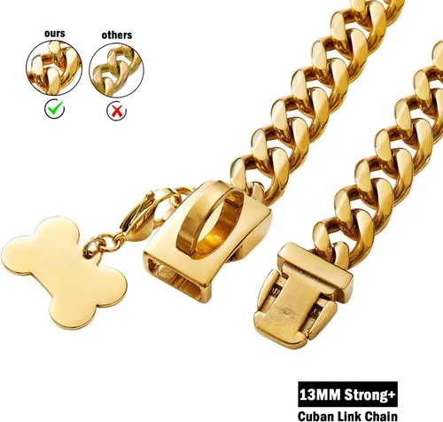 Miniatura 3 de Collar de cadena de acero inoxidable fuerte para perro con hebilla de fácil bloqueo y liberación, chapado en oro de 18 quilates, cadena de eslabones